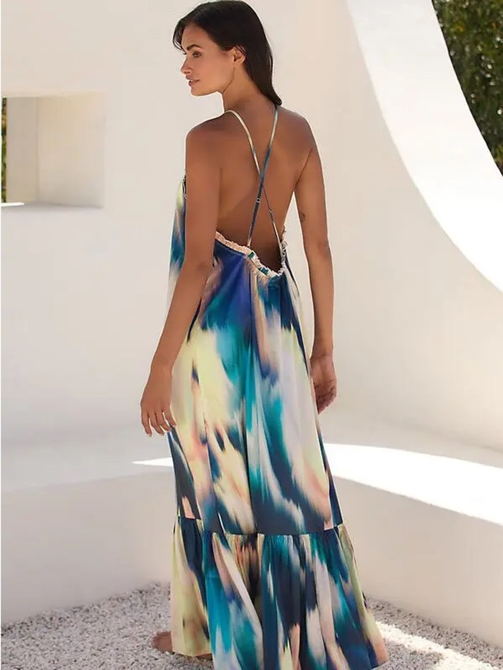 Anthropologie Maxi Halter Sundress in Teal Blue Tie-Dye - Picture 2 of 6